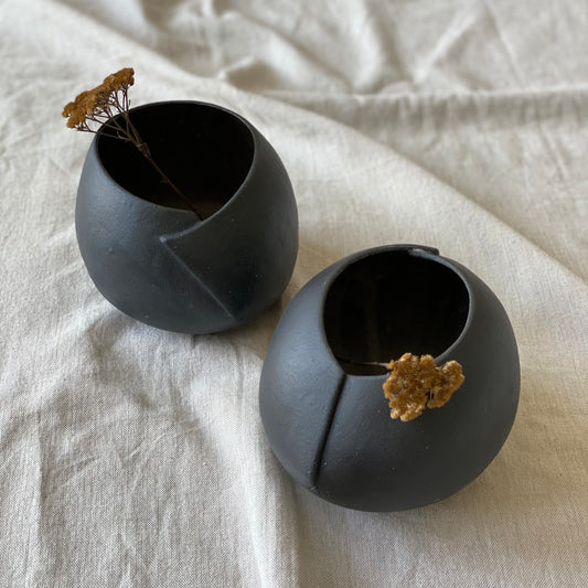 Set of 2 Black Round Cut & Fold Vases