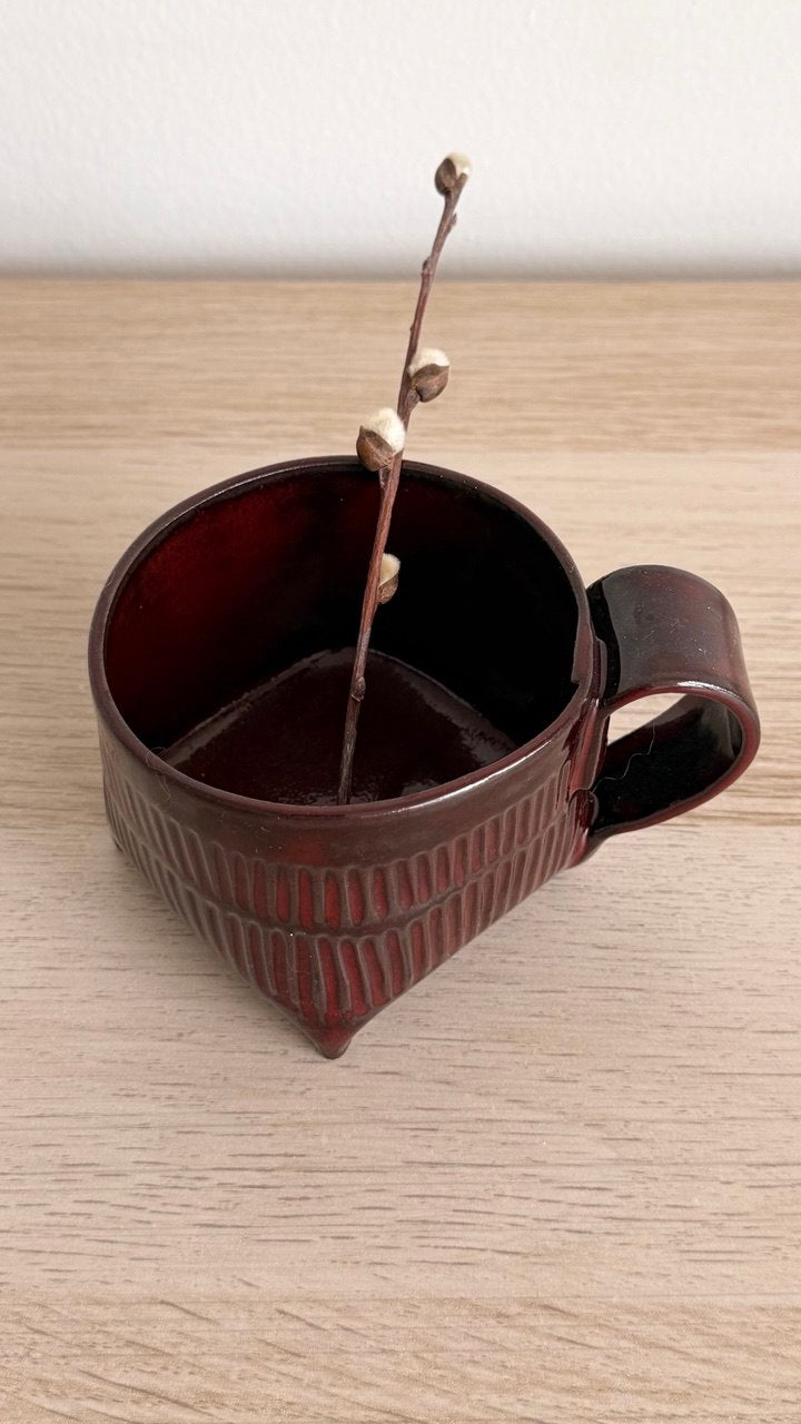 Crimson Flutted Yunomi Tea Cup with Handle | 6oz