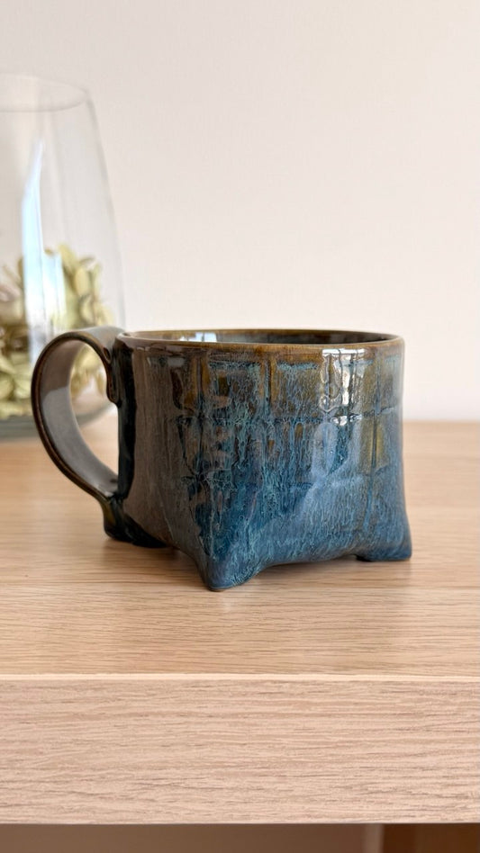 Ocean Blue Textured Yunomi Tea Cup with Handle| 7oz