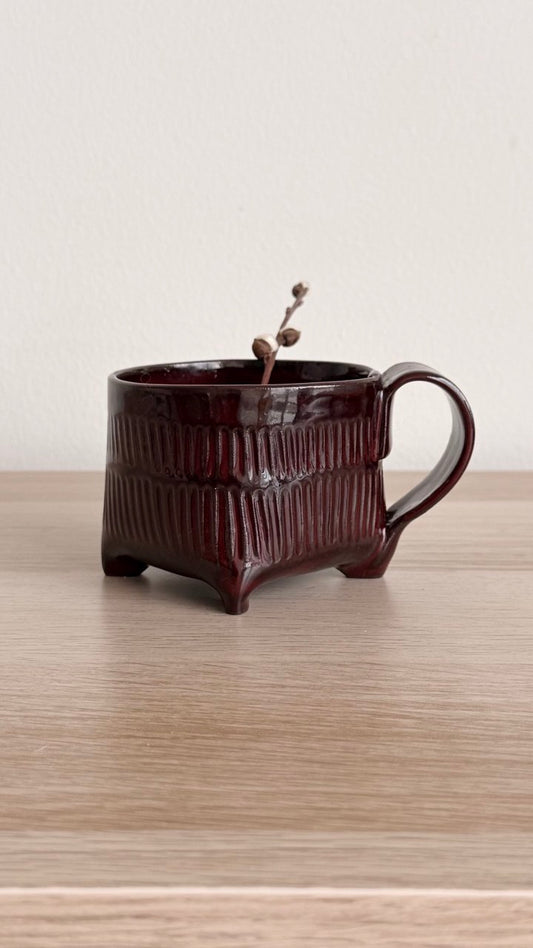 Crimson Flutted Yunomi Tea Cup with Handle | 6oz
