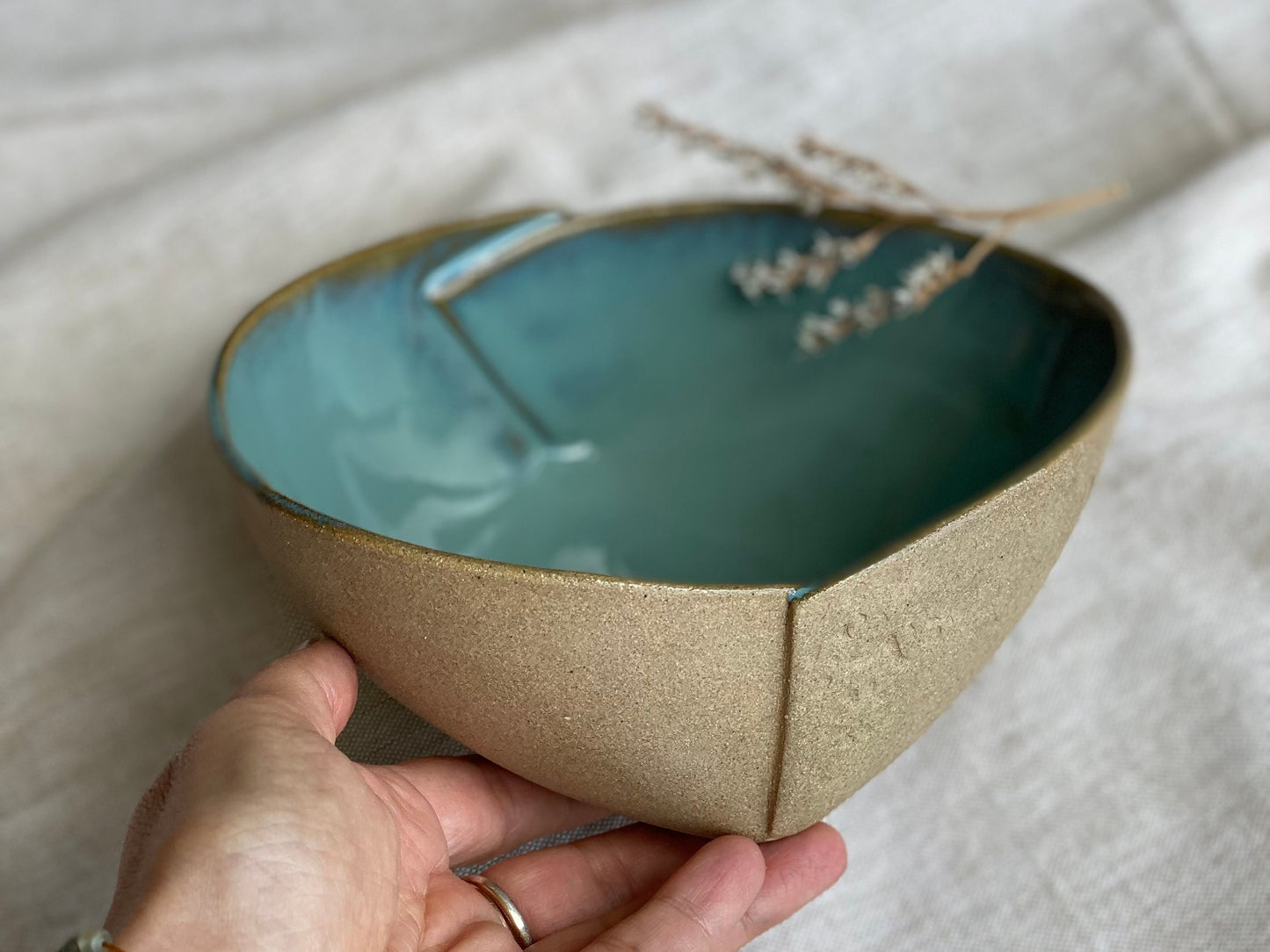 Beige and Blue 6" Stoneware Bowl