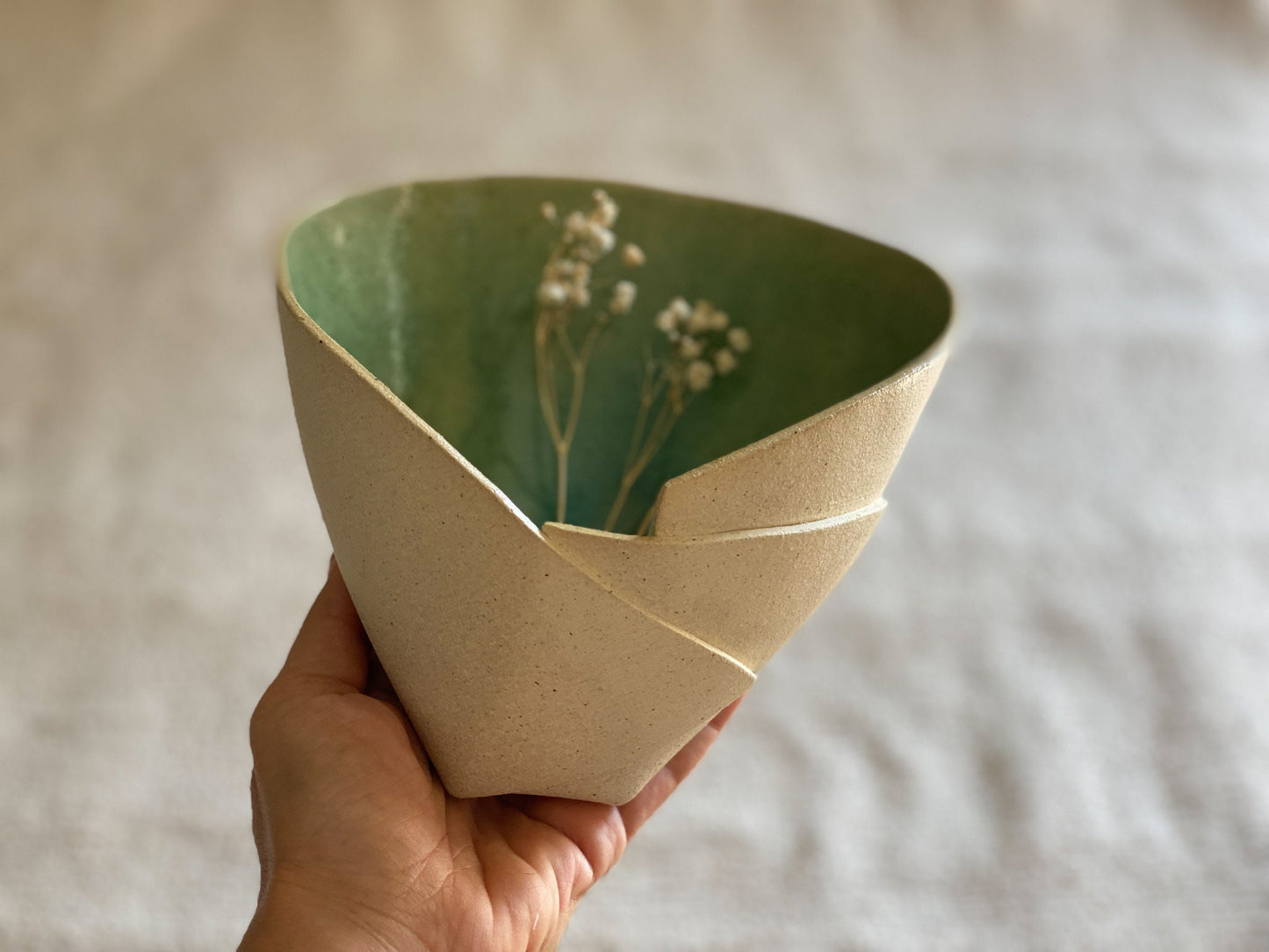 7" Green and Beige Crackle Glaze Bowl